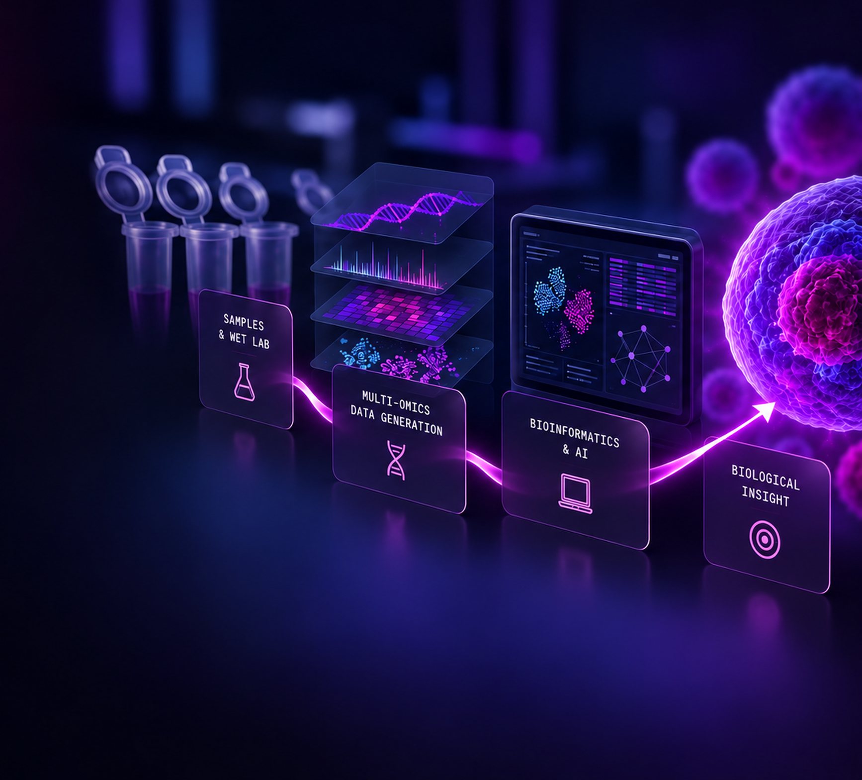 Chaîne GenXMap : échantillons et wet lab, génération de données multi-omiques, bio-informatique et IA, insight biologique
