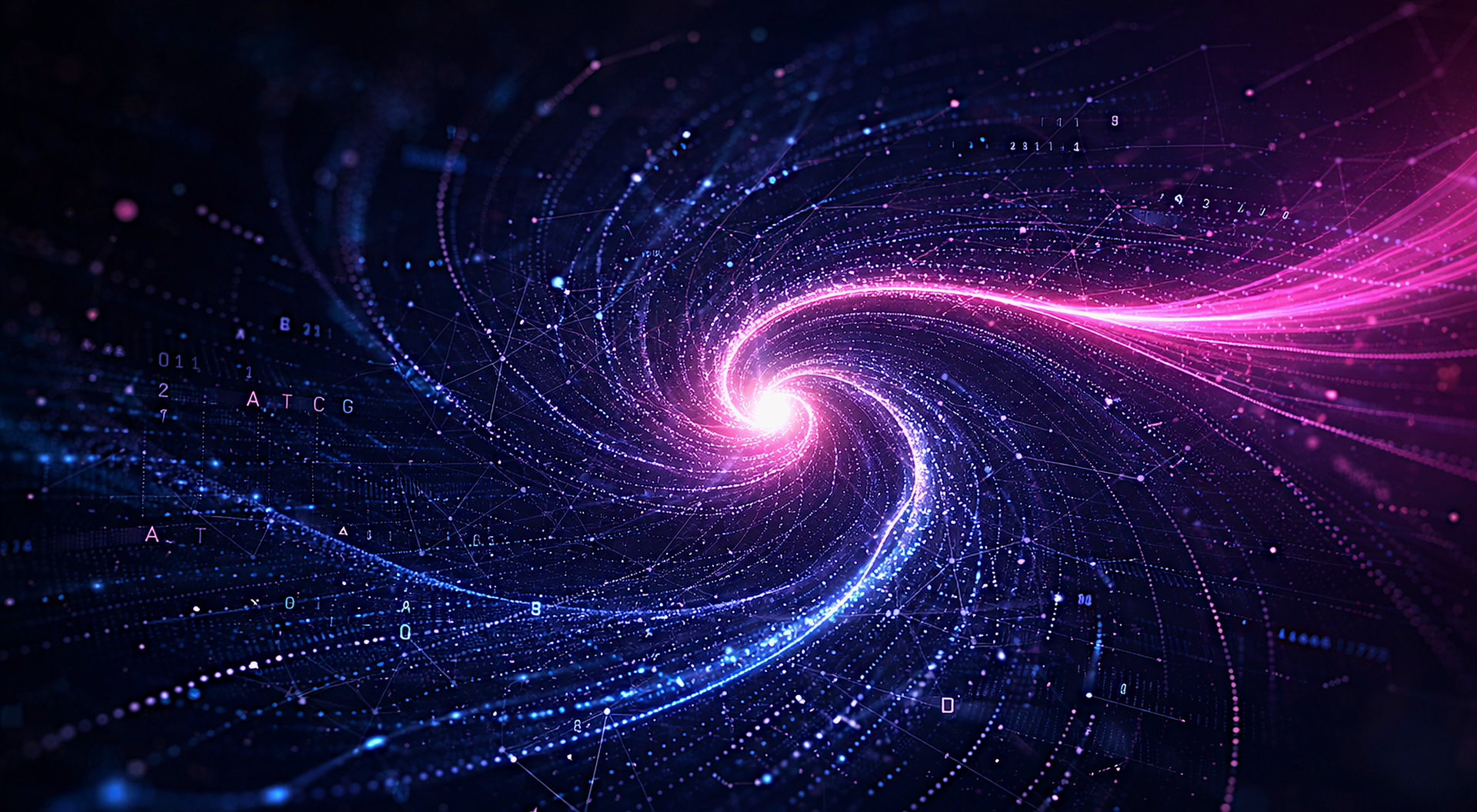 Luminous data spiral revealing the A, T, C and G bases of DNA sequencing.