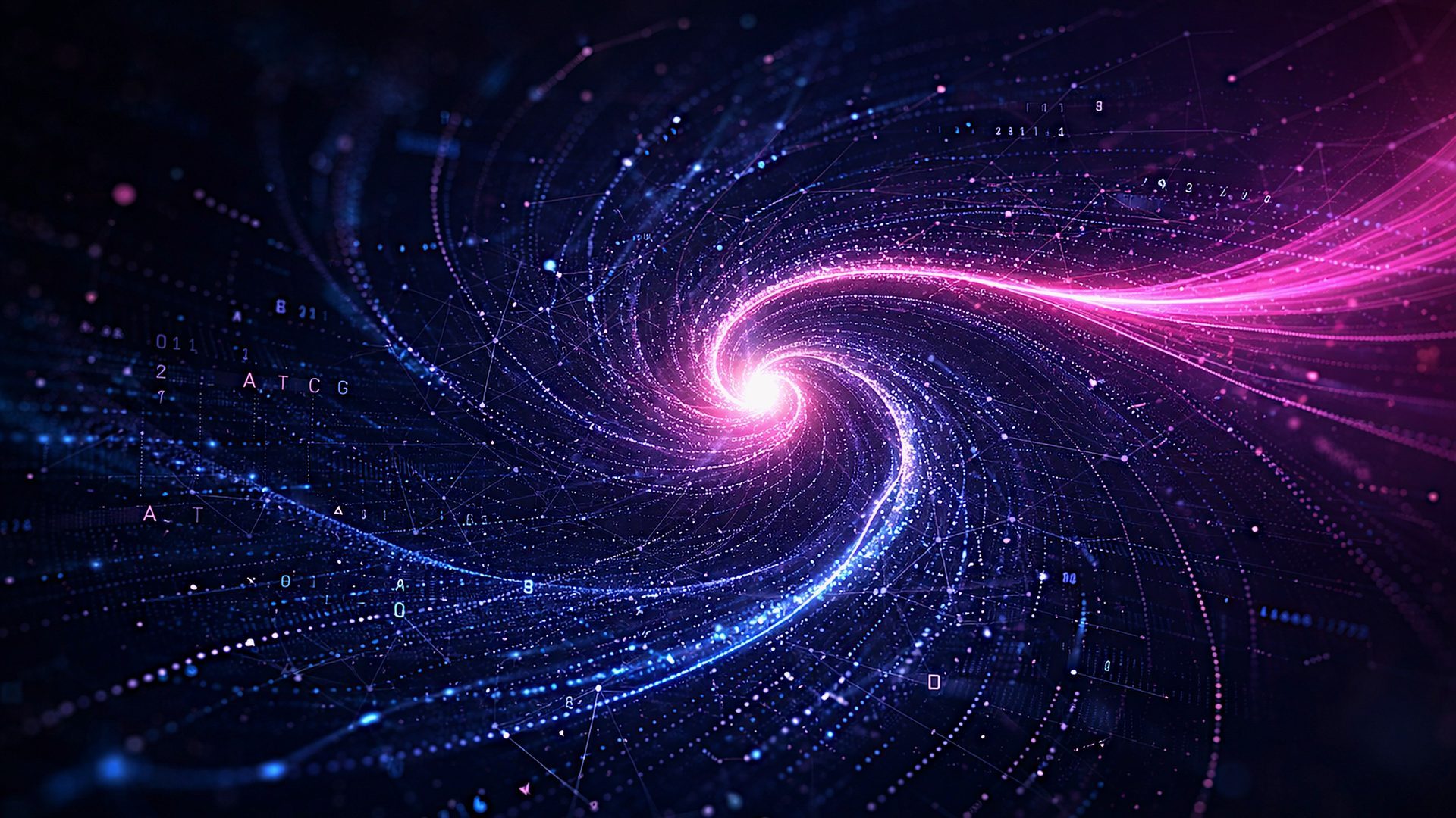 Luminous data spiral revealing the A, T, C and G bases of DNA sequencing.