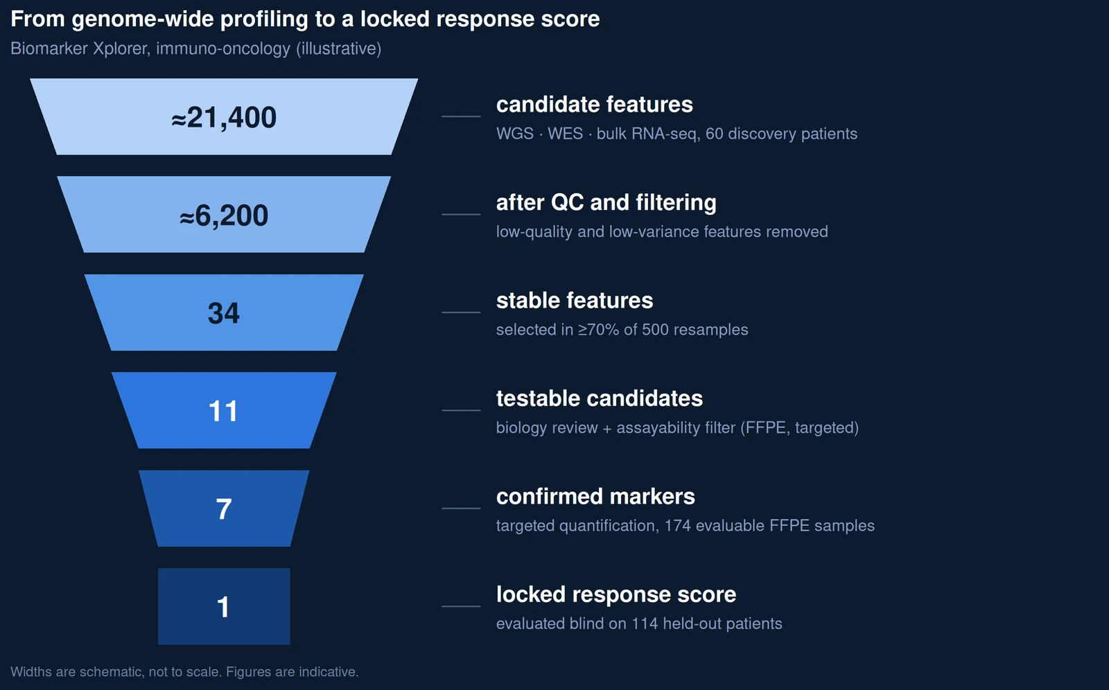 Funnel from about 21,400 candidate features to one locked response score