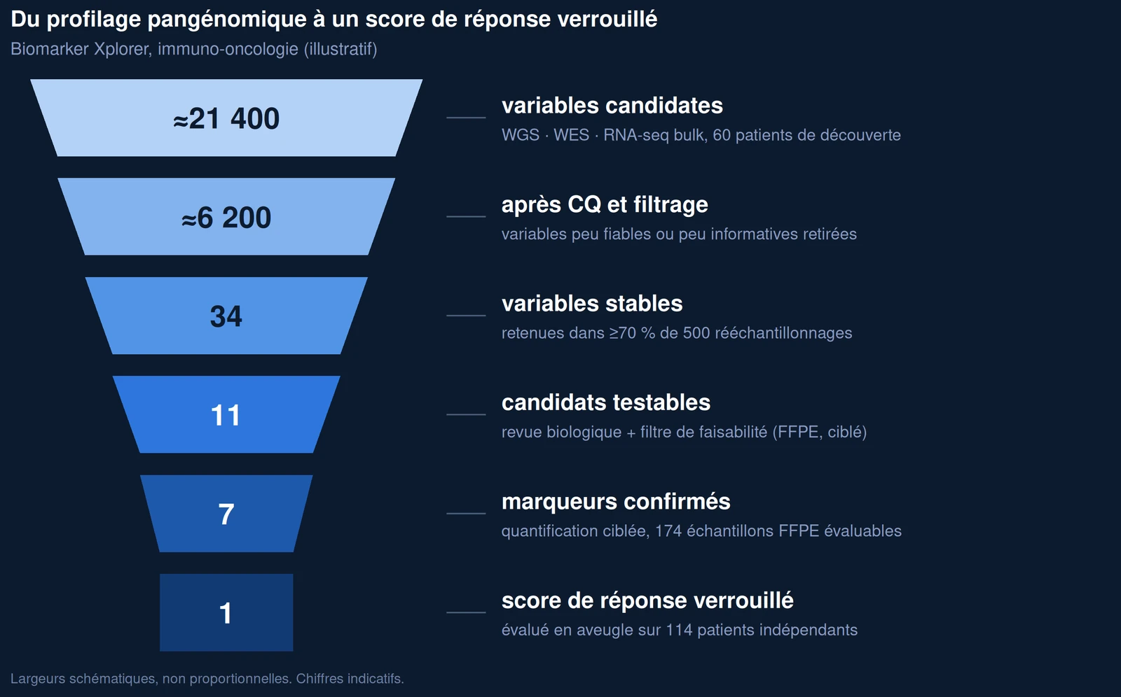 Entonnoir allant d'environ 21 400 variables candidates à un score de réponse verrouillé
