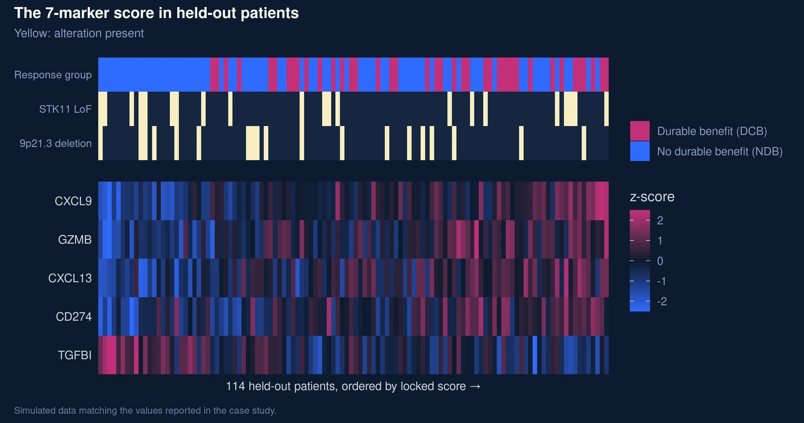 Heatmap of the expression markers, STK11 and 9p21.3 status in 114 held-out patients ordered by score