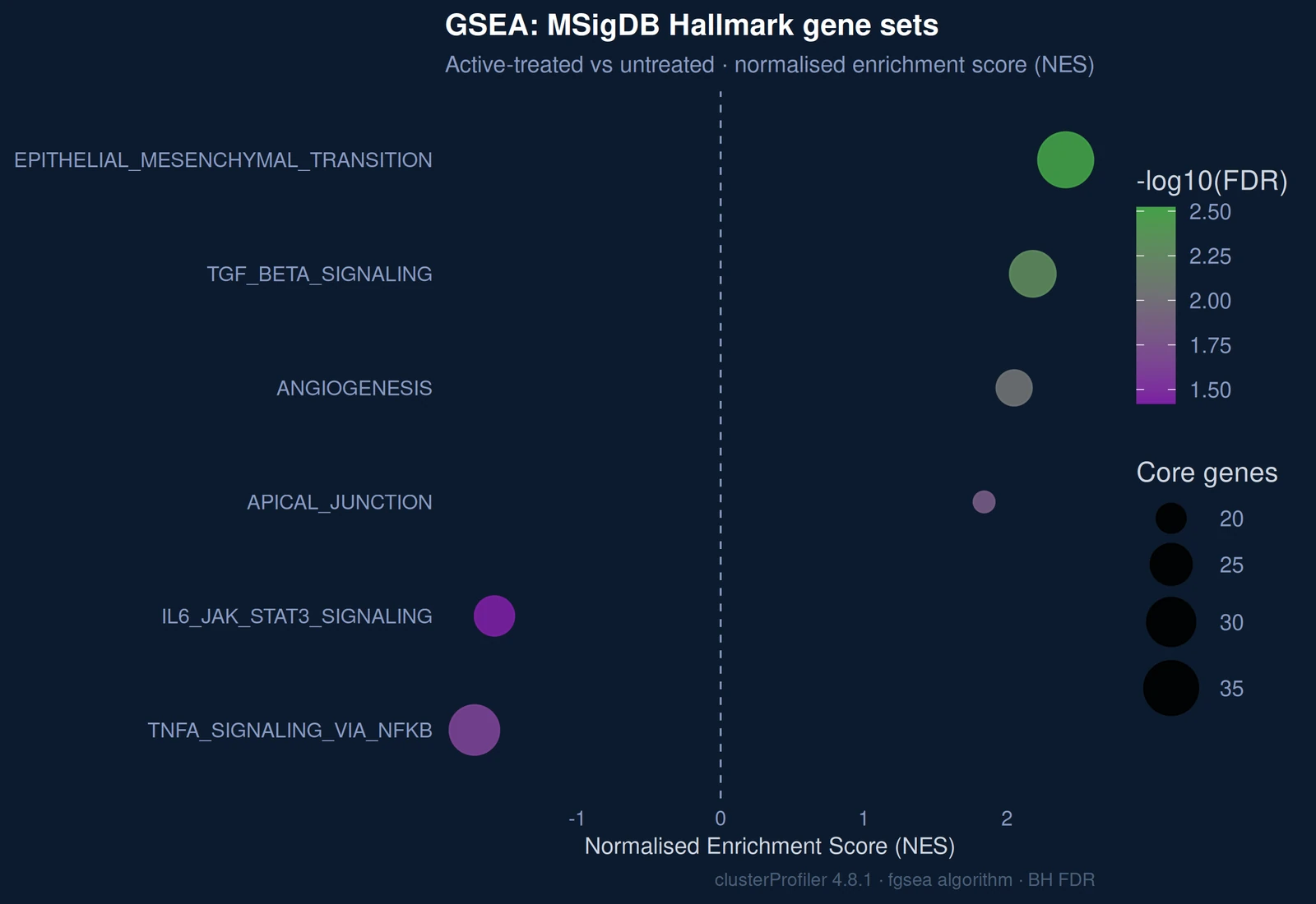GSEA on MSigDB Hallmark gene sets, normalised enrichment scores